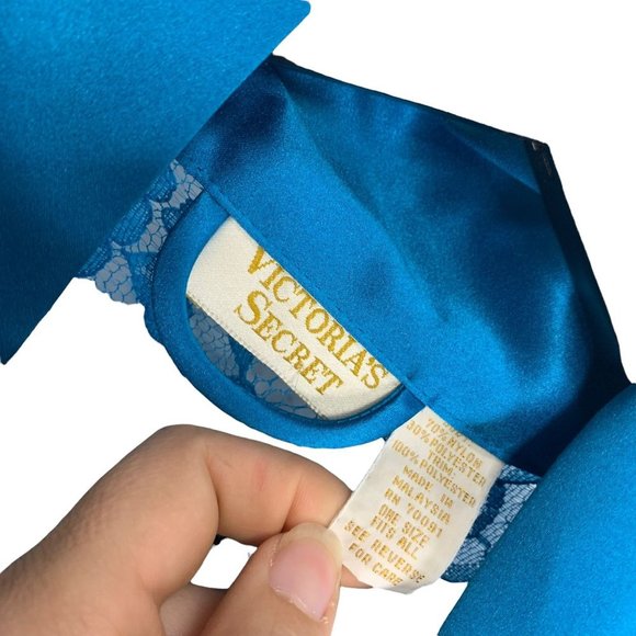 Vintage 90s Victorias Secret Gold Label Blue Lace Short Robe One Size - Picture 4 of 8